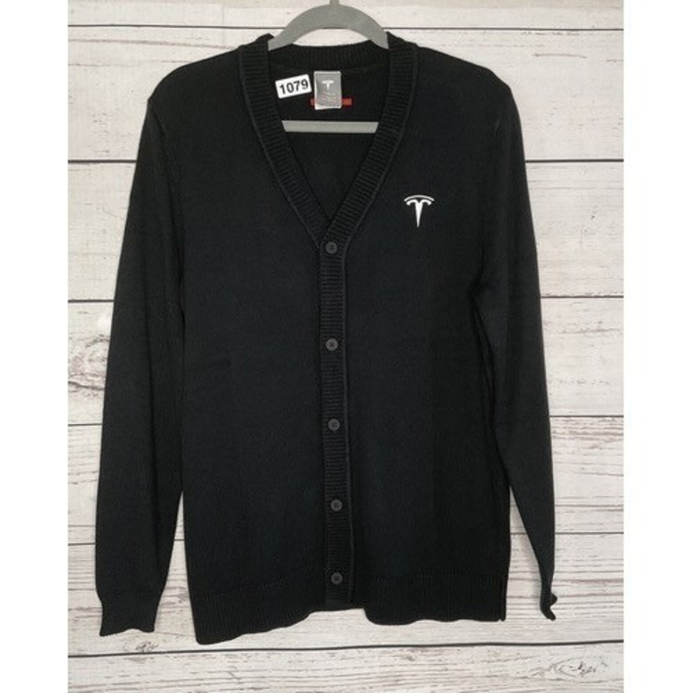 Tesla Black Embroidered V-Neck Button Front Cardigan Men M China Cotton/Acrylic
